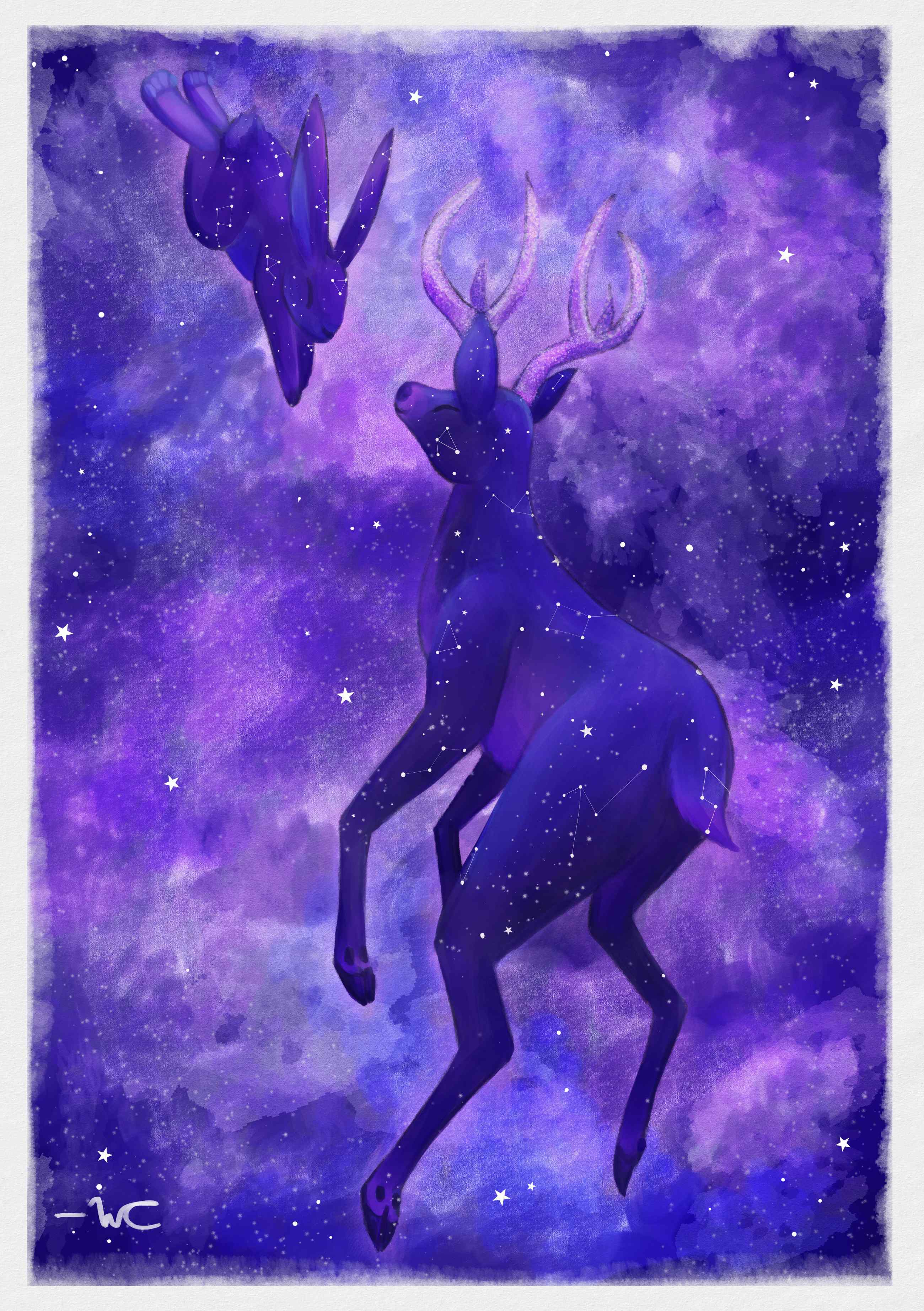 A rabbit and a deer floating in space. They have happy faces. They are both purple, with a cosmic background. The entire image has purples, blues, and pinks. There are stars and constellations on the animals' bodies, and stars in the sky. 